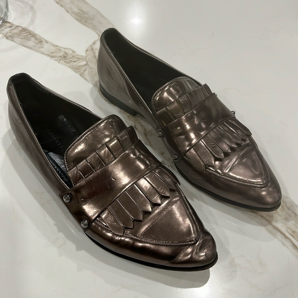 All Saints bronze finish leather loafer style shoe